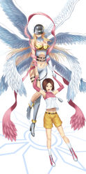 Rule 34 | 00s, 2girls, absurdres, angel wings, angewomon, anklet, armpits, arms up, asymmetrical clothes, bad id, bad pixiv id, bare shoulders, blonde hair, brown eyes, brown hair, covered eyes, digimon, digimon (creature), digimon adventure 02, fingerless gloves, gloves, hair ornament, hairclip, head wings, helmet, high heels, highres, holding hands, jewelry, long hair, midriff, multiple girls, multiple wings, navel, open mouth, ribbon, seraph, shoes, short hair, shorts, simple background, thigh strap, tsukikanade, wings, yagami hikari