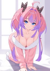 +_+ 1girl absurdres ahoge all_fours black_ribbon blue_eyes blush breasts cleavage closed_mouth collarbone commentary hair_intakes hair_ribbon highres hololive hololive_dev_is kikirara_vivi large_breasts long_hair long_sleeves looking_at_viewer multicolored_hair no_shoes pajamas pink_hair pink_pajamas purple_hair ribbon smile socks solo sparkle_print tsubame_tien twintails two-tone_hair virtual_youtuber white_socks