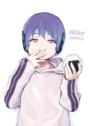 Rule 34 | 1girl, alternate costume, cheek bulge, chewing, commentary request, dated, eating, expressionless, food, food on face, full mouth, half-closed eyes, hand to own mouth, hands up, hood, hood down, hoodie, long sleeves, looking at viewer, maki (nasulily), onigiri, purple eyes, purple hair, rice, rice on face, robot ears, signature, simple background, solo, upper body, utane uta, utau, vertical-striped sleeves, wavy mouth, white background, white hoodie