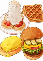 Rule 34 | burger, cheese, food, food focus, fruit, kaneko ryou, lettuce, meat, no humans, original, pancake, pickle, plate, simple background, still life, strawberry, tomato, waffle, whipped cream, white background
