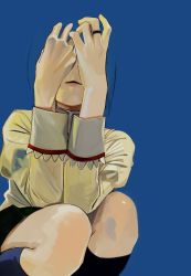 Rule 34 | 1girl, absurdres, black skirt, black socks, blue bow, blue hair, blue theme, bow, closed mouth, commentary, covering face, highres, jewelry, juliet sleeves, kneehighs, long sleeves, mahou shoujo madoka magica, mahou shoujo madoka magica (anime), mihifu, miki sayaka, mitakihara school uniform, pleated skirt, puffy sleeves, ring, school uniform, short hair, simple background, skirt, socks, solo, squatting