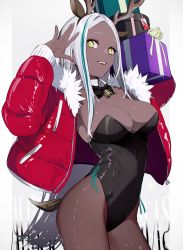 Rule 34 | 1girl, animal ears, antlers, bad id, bad pixiv id, bell, black bow, black bowtie, black leotard, bow, bowtie, breasts, christmas present, cleavage, commentary request, dark-skinned female, dark skin, deer ears, detached collar, fake animal ears, fake antlers, fur-trimmed jacket, fur trim, gift, green hair, highres, holding, holding gift, horns, jacket, leotard, long hair, long sleeves, looking at viewer, medium breasts, multicolored hair, neck bell, open clothes, open jacket, open mouth, original, playboy bunny, red jacket, reindeer antlers, smile, solo, strapless, strapless leotard, stream, tail, two-tone hair, unzipped, very long hair, wakahiko, white background, white hair, yellow eyes, zipper pull tab