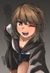 Rule 34 | 2girls, ;d, artist logo, artist name, black sailor collar, black skirt, black sweater, blue neckerchief, blush, breasts, brown eyes, brown hair, cardigan, cleavage, collarbone, commentary, cowboy shot, ergot, eyed silhouette, fubuki (kancolle), grey background, hair between eyes, kantai collection, leaning forward, long sleeves, looking at viewer, messy hair, miyuki (kancolle), miyuki kai ni (kancolle), multiple girls, neckerchief, one eye closed, open mouth, pleated skirt, pov, sailor collar, school uniform, serafuku, shirt, short hair, sidelocks, silhouette, simple background, skirt, small breasts, smile, solo focus, sweater, teeth, thighs, white shirt
