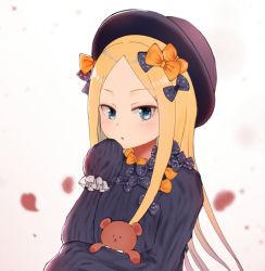 Rule 34 | 1girl, :o, abigail williams (fate), black bow, black dress, black hat, blonde hair, blue eyes, blurry, blurry background, blush, bow, bug, butterfly, depth of field, dress, fate/grand order, fate (series), forehead, hair bow, hand up, hat, hugging object, insect, kubong, long hair, long sleeves, looking at viewer, orange bow, parted bangs, parted lips, petals, polka dot, polka dot bow, sleeves past fingers, sleeves past wrists, solo, stuffed animal, stuffed toy, teddy bear, very long hair