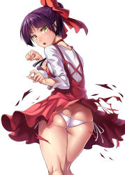 Rule 34 | 1girl, absurdres, ass, bow, butt crack, commentary request, dress, exploding clothes, from behind, gegege no kitarou, hair bow, hair ribbon, highres, looking at viewer, looking back, nekomusume, open mouth, orochi itto, panties, pantyshot, pink bow, pointy ears, purple hair, red dress, ribbon, shiny skin, short hair, side-tie panties, simple background, skindentation, slit pupils, solo, standing, torn clothes, torn dress, underwear, white background, yellow eyes