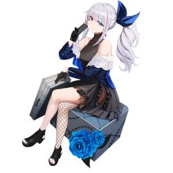 Rule 34 | 1girl, anizi, asymmetrical legwear, bare shoulders, black dress, black footwear, black gloves, blue bow, blue eyes, bow, breasts, cellphone, commentary request, cross, cross earrings, dress, earrings, fishnet thighhighs, fishnets, flip phone, full body, girls&#039; frontline, gloves, grey hair, hair ornament, heterochromia, highres, holding, holding phone, jewelry, leaning to the side, long hair, looking at viewer, mdr (cocktail observer) (girls&#039; frontline), mdr (girls&#039; frontline), medium breasts, multicolored hair, off shoulder, official alternate costume, phone, pink eyes, ponytail, ribbon, shoes, sidelocks, single thighhigh, sitting, smile, solo, streaked hair, thighhighs, toeless footwear, transparent background, uneven legwear