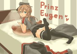 Rule 34 | 1girl, absurdres, anchor hair ornament, bed, black skirt, black thighhighs, character name, food, green eyes, grey shirt, hair ornament, hat, highres, kantai collection, light brown hair, long hair, looking at viewer, looking back, low twintails, lying, on stomach, panties, pantyshot, pleated skirt, pot-de, prinz eugen (kancolle), sausage, shirt, skirt, solo, striped background, stuffed toy, thighhighs, twintails, underwear, unworn clothes, unworn hat, unworn headwear, white panties