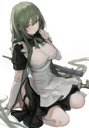 Rule 34 | 1girl, blush, breasts, cleavage cutout, clothing cutout, copyright request, elbow gloves, gloves, green eyes, green hair, gun, highres, holding, holding gun, holding weapon, large breasts, long hair, looking at viewer, maid, nuanpapa, parted lips, simple background, sitting, weapon, white background
