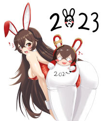 Rule 34 | !, 1girl, 1other, 2023, absurdres, alternate costume, amber (genshin impact), artist request, ass, ass focus, bare shoulders, baron bunny (genshin impact), bent over, blush, body writing, breasts, brown eyes, brown hair, cameltoe, embarrassed, from behind, genshin impact, highres, huge ass, leaning, leaning forward, leotard, long hair, looking back, medium breasts, open mouth, pantyhose, playboy bunny, rabbit ears, shiny clothes, shiny skin, sideboob, stuffed animal, stuffed toy, very long hair