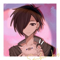 Rule 34 | 1boy, aiba ibuki, animal, beilucajuhun99ci, black hair, black jacket, cat, chinese commentary, closed mouth, commentary request, hair over one eye, highres, holding, holding animal, holding cat, jacket, looking at viewer, male focus, pink background, portrait, purple eyes, saibou shinkyoku, short hair, smile, solo, white cat