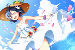 Rule 34 | 1girl, :d, ^ ^, aidumi, bad id, bad pixiv id, bare shoulders, bird, blue hair, blush, closed eyes, cloud, closed eyes, flower, hair ornament, hat, hat flower, idolmaster, idolmaster (classic), kikuchi makoto, open mouth, petals, seagull, short hair, sky, smile, solo, swimsuit, swimsuit under clothes, water, wind