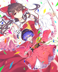 Rule 34 | 2girls, ascot, bad id, bad pixiv id, blue eyes, blue hair, bow, bowl, bowl hat, brown hair, confetti, detached sleeves, dutch angle, frilled sleeves, frills, furapechi, gohei, hair bow, hair tubes, hakurei reimu, hat, japanese clothes, kimono, looking at viewer, mini person, minigirl, miracle mallet, multiple girls, needle, obi, open mouth, outstretched hand, petticoat, ponytail, red eyes, sash, seigaiha, short hair, simple background, skirt, skirt set, smile, sukuna shinmyoumaru, touhou, white background, wind