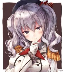 Rule 34 | 10s, 1girl, blue eyes, blush, breasts, epaulettes, finger to own chin, gloves, hat, kantai collection, kashima (kancolle), large breasts, looking at viewer, military, military uniform, silver hair, smile, solo, suien, twintails, twitter username, uniform, wavy hair, white gloves