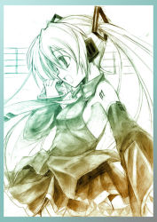 Rule 34 | 1girl, :d, armpits, asaga aoi, belt, breasts, detached sleeves, hair ornament, hatsune miku, headset, long hair, medium breasts, monochrome, music, necktie, no bra, open mouth, pleated skirt, profile, sideboob, sideways mouth, singing, sketch, skirt, smile, solo, standing, tattoo, twintails, very long hair, vocaloid
