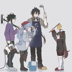 Rule 34 | 2boys, 2girls, aged down, ahoge, alternate costume, apron, bare shoulders, black hair, black pants, blue hair, broom, brown hair, casual, child, closed eyes, contemporary, earrings, full body, ganyu (genshin impact), genshin impact, goat horns, gradient hair, green hair, hair between eyes, height difference, highres, holding, holding broom, horns, hoshiyui tsukino, hu tao (genshin impact), jewelry, long hair, long sleeves, multicolored hair, multiple boys, multiple girls, no shoes, open mouth, pants, red eyes, shirt, simple background, smile, soup ladle, standing, sweatpants, twintails, vacuum cleaner, xiao (genshin impact), zhongli (genshin impact)