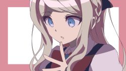 Rule 34 | 1girl, anime coloring, black bow, blonde hair, blue eyes, border, bow, bowtie, braid, chabashira (otya), collared shirt, commentary request, danganronpa (series), danganronpa 2: goodbye despair, dress, eyelashes, finger to own chin, gem, green dress, hair bow, long hair, looking away, looking down, neck ribbon, outside border, parted lips, pinafore dress, pink border, portrait, puffy short sleeves, puffy sleeves, red neckwear, ribbon, ringed eyes, shirt, short sleeves, simple background, sleeveless dress, solo, sonia nevermind, swept bangs, white background, white shirt, wing collar