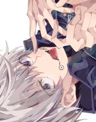Rule 34 | 1boy, absurdres, black jacket, eyes visible through hair, facial tattoo, hair between eyes, hands up, high collar, highres, huge filesize, inumaki toge, jacket, jujutsu kaisen, looking at viewer, male focus, open mouth, portrait, purple eyes, silver hair, simple background, sol 1018, solo, tattoo, tongue, tongue out, tongue tattoo, upside-down, white background
