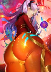 Rule 34 | 1girl, alcoholrang, ass, blue hair, blush, bodysuit, crescent, crescent facial mark, dated, facial mark, fate/grand order, fate (series), floating hair, from behind, fur collar, gloves, gold trim, hand up, highres, horns, huge ass, ishtar (fate), long hair, looking at viewer, looking back, multicolored bodysuit, multicolored clothes, multicolored hair, parted bangs, pink hair, ribbon, shiny clothes, solo, space ishtar (fate), space ishtar (third ascension) (fate), two-tone hair, two side up, very long hair, yellow eyes