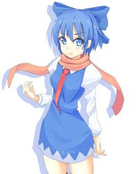 Rule 34 | 1girl, aged up, blue dress, blue eyes, blue hair, blue skirt, bow, cirno, cirno-nee, dress, drop shadow, hair bow, highres, matching hair/eyes, necktie, orange scarf, perfect cherry blossom, scarf, shadow, simple background, skirt, smile, snowflyer, solo, touhou, white background