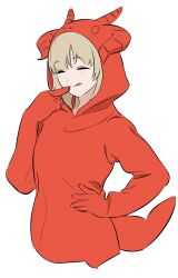 1girl :q animal_costume blonde_hair closed_eyes cosplay cropped_legs dragon_costume dungeon_meshi falin_touden falin_touden_(tallman) hand_on_own_hip highres hood hood_up kashiwa_(iersansi) kigurumi onesie short_hair simple_background solo tongue tongue_out white_background