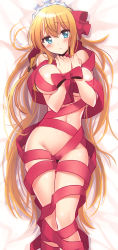 Rule 34 | 1girl, absurdres, blonde hair, blue eyes, blush, breasts, cleavage, gift wrapping, hair between eyes, highres, hoshina meito, large breasts, long hair, navel, pecorine (princess connect!), princess connect!, solo, tiara, very long hair