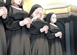 Rule 34 | 4girls, absurdres, blanche neige (svet yomi), blush, breasts, catholic, closed eyes, dress, faceless, faceless female, habit, highres, huge breasts, large breasts, long dress, long hair, long sleeves, multiple girls, nun, original, own hands clasped, own hands together, palms together, praying, short hair, svet yomi, traditional nun, wavy hair, white hair