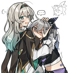 ... 2girls ahoge black_bridal_gauntlets black_hairband black_jacket black_shorts blue_pupils blush breasts bridal_gauntlets cropped_jacket drill_hair drill_ponytail emne face_to_breasts firefly_(honkai:_star_rail) fur_trim gradient_hair grey_eyes grey_hair hair_intakes hairband honkai:_star_rail honkai_(series) hug inset jacket jitome long_hair medium_breasts multicolored_hair multiple_girls navel neckerchief open_mouth orange_neckerchief shirt shorts silver_wolf_(honkai:_star_rail) single_bridal_gauntlet single_drill smile two-tone_eyes upper_body white_shirt