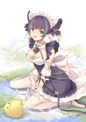 Rule 34 | 1girl, :3, :d, animal ears, aqua eyes, azur lane, baozi, black dress, black footwear, black hair, breasts, cheshire (azur lane), cleavage, collared dress, detached sleeves, dress, fang, food, frills, highres, iroha (unyun), large breasts, looking at viewer, maid headdress, multicolored hair, open mouth, ribbon, short hair, simple background, sitting, smile, streaked hair, thighhighs, wariza, white ribbon, white thighhighs, wrist cuffs