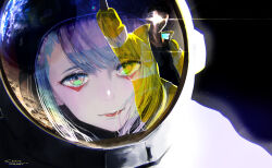 Rule 34 | 1boy, 1girl, absurdres, arm up, blue hair, chihirokrakauer, closed mouth, cyberpunk (series), cyberpunk edgerunners, david martinez, earth (planet), highres, jacket, long sleeves, looking at viewer, lucy (cyberpunk), open clothes, open jacket, planet, red lips, reflection, signature, smile, space, spacesuit, spoilers, star (sky), waving, yellow jacket