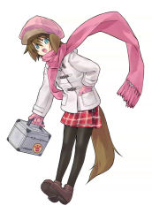 Rule 34 | 1girl, animal ears, aqua eyes, black pantyhose, boots, brown footwear, brown hair, dog ears, dog tail, fang, female focus, full body, gloves, hat, minamino kanata, open mouth, original, pantyhose, pink gloves, pink scarf, plaid, plaid skirt, scarf, simple background, skirt, solo, tail, white background