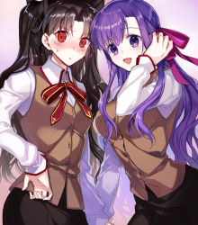 Rule 34 | 2girls, :d, adjusting hair, black skirt, blush, breasts, brown vest, collared shirt, colored eyelashes, cosplay, cowboy shot, embarrassed, fate/grand order, fate/stay night, fate (series), gradient background, hair ribbon, hand in own hair, hand on own hip, hand up, holding hands, homurahara academy school uniform, ishtar (fate), leaning forward, long hair, long sleeves, looking at viewer, matou sakura, medium breasts, multiple girls, neck ribbon, nose blush, open mouth, parted bangs, parvati (fate), pink background, purple eyes, purple hair, red ribbon, ribbon, school uniform, shirt, siblings, sisters, skirt, smile, standing, star (symbol), star in eye, sweat, symbol in eye, tareme, tohsaka rin, uniform, very long hair, vest, white shirt, wing collar, ycco (estrella)