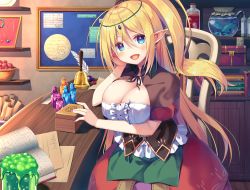 Rule 34 | 1girl, :d, absurdres, asa no ha (awayuki), bell, blonde hair, blue eyes, blush, book, bottle, breasts, brown capelet, capelet, chair, cleavage, earrings, elf, eyebrows hidden by hair, hair between eyes, hand on own face, head rest, highres, indoors, jewelry, large breasts, long hair, looking at viewer, nail polish, official art, on chair, open book, open mouth, original, pointy ears, purple nails, sitting, slime (substance), smile, solo, very long hair, vial