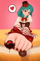 Rule 34 | 1girl, :p, absurdres, aqua hair, blush, bow, brown eyes, chocolate, chocolate on foot, cross-laced clothes, cross-laced legwear, curly hair, earrings, feet, food on body, food on toes, food print, foot focus, hat, heart, highres, idolmaster, idolmaster million live!, jewelry, leg up, looking at viewer, mini hat, mini top hat, nail polish, parted bangs, applying pedicure, pink background, presenting foot, rml6, sitting, spoken heart, stirrup legwear, strawberry print, toeless legwear, toenail polish, toenails, toes, tokugawa matsuri, tongue, tongue out, top hat