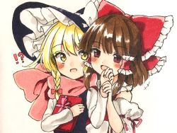 Rule 34 | !?, +++, 2girls, :d, blonde hair, blouse, blush, bow, box, brown hair, commentary request, d:, detached sleeves, gift, gift box, hair bow, hair tubes, hakurei reimu, hat, holding hands, kirisame marisa, large bow, long sleeves, multiple girls, open mouth, red eyes, scarf, shirt, smile, touhou, traditional media, vest, wide sleeves, witch hat, yellow eyes, yururi nano