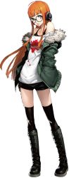 Rule 34 | 10s, 1girl, black footwear, black thighhighs, blood, blood splatter, boots, brown hair, cross-laced footwear, full body, glasses, green jacket, headphones, highres, jacket, knee boots, lace-up boots, long hair, off-shoulder shirt, off shoulder, official art, persona, persona 5, red eyes, sakura futaba, shirt, soejima shigenori, solo, t-shirt, thighhighs, transparent background, very long hair, white background