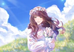 Rule 34 | 1girl, :d, bouquet, brown hair, cardia beckford, cloud, code:realize, day, dress, flower, green eyes, head wreath, holding, holding bouquet, kusuhara 09, long hair, long sleeves, open mouth, outdoors, smile, solo, sunlight, upper body, white dress