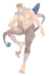 Rule 34 | 1boy, abs, absurdres, bara, bird legs, brown hair, claws, closed eyes, facial mark, feathered wings, feet up, full body, highres, male focus, mature male, monster boy, muscular, muscular male, original, pupuddddy, scarf, short hair, simple background, solo, topless male, white background, wings