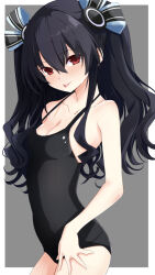 Rule 34 | 1girl, bare arms, bare shoulders, black hair, black one-piece swimsuit, breasts, collarbone, hair ornament, hair ribbon, iwashi dorobou -r-, long hair, looking at viewer, neptune (series), one-piece swimsuit, red eyes, ribbon, short hair, small breasts, smile, solo, strap gap, swimsuit, tongue, tongue out, two side up, uni (neptunia)