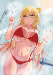 Rule 34 | 1girl, against glass, akai haato, bathroom, bikini, blonde hair, blue eyes, blush, boku no edamame, breast press, breasts, breasts on glass, drawing, hair between eyes, hand on glass, heart, highres, hololive, large breasts, long hair, looking at viewer, nail polish, red bikini, shower (place), shower head, solo, swimsuit, thigh gap, tile wall, tiles, untied bikini, very long hair, virtual youtuber, wet