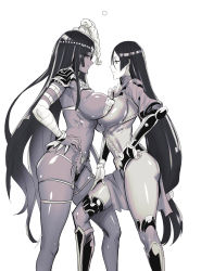 Rule 34 | 2girls, armor, bad id, bad pixiv id, bandaged arm, bandages, black hair, breast press, breasts, caster of the nocturnal castle, covered erect nipples, dark-skinned female, dark skin, egyptian, egyptian clothes, fate/grand order, fate (series), female focus, from side, greaves, highres, japanese armor, jewelry, large breasts, long hair, minamoto no raikou (fate), monochrome, multiple girls, ontaros, pauldrons, pelvic curtain, revealing clothes, scheherazade (fate), shiny clothes, shiny skin, shoulder armor, simple background, skindentation, symmetrical docking, very long hair