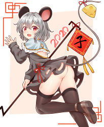 Rule 34 | 1girl, 2020, :3, absurdres, animal ears, ass, backless outfit, black thighhighs, blush, brown footwear, capelet, cheese, dowsing rod, food, grey skirt, highres, long sleeves, looking at viewer, looking back, medium hair, miniskirt, mouse ears, mouse tail, nazrin, no panties, open mouth, red eyes, shoes, silver hair, skirt, smile, solo, tail, thighhighs, touhou, two-tone background, yangshangshu