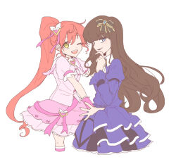 Rule 34 | 2girls, black bow, blue dress, blue eyes, blunt bangs, bow, brown hair, collared dress, commentary request, cropped legs, dress, hair bow, hair ornament, hand on own chin, hand up, heart, heart hair ornament, highres, juliet sleeves, kurosu aroma, long hair, long sleeves, looking at viewer, multiple girls, nojima minami, one eye closed, open mouth, outstretched arms, pink dress, ponytail, pretty series, pripara, puffy sleeves, red hair, shiratama mikan, simple background, smile, standing, very long hair, white background, wrist cuffs, yellow eyes