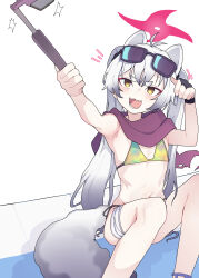 Rule 34 | 1girl, absurdres, antenna hair, armpits, bare arms, bare legs, bare shoulders, bikini, blue archive, blush, eyewear on head, fang, feet out of frame, flat chest, grey hair, hair between eyes, halo, highres, holding, long hair, michiru (blue archive), motion lines, open mouth, pearlgang e, red halo, red scarf, scarf, simple background, skin fang, smile, solo, sunglasses, swimsuit, white background, yellow eyes