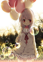 Rule 34 | balloon, bubble, cardigan, highres, long hair, original, outdoors, red eyes, rugo, school uniform, silver hair, skirt, sleeves past wrists, solo, tree, twintails, wind