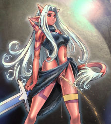 Rule 34 | 1girl, bare shoulders, black sarong, breasts, clitoris, colored skin, covered erect nipples, dragon quest, dragon quest x, female focus, fur, holding, holding sword, holding weapon, horns, ibu (kateibu), lactation, legs apart, long hair, looking down, medium breasts, navel, nipples, ogre (dq10), oni, peeing, pointy ears, pussy, pussy juice, pussy juice drip, red eyes, red skin, sarong, see-through, shiny skin, solo, standing, sword, tail, thigh strap, uncensored, weapon, white hair