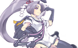 Rule 34 | 10s, 1girl, ;3, bad id, bad pixiv id, black thighhighs, dress, eyebrows, folded fan, folding fan, gloves, hair ribbon, hand fan, hand on own hip, hatsuharu (kancolle), kantai collection, long hair, machinery, one eye closed, personification, ponytail, purple eyes, purple hair, ribbon, sailor dress, short eyebrows, smile, solo, thick eyebrows, thighhighs, tonami kanji, very long hair, wink