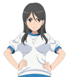 Rule 34 | 1girl, black hair, breasts, brown eyes, face, frown, fukiyose seiri, gym uniform, hands on own hips, highres, large breasts, long hair, shirt, smile (rz), solo, toaru majutsu no index, toaru majutsu no index: old testament, vector trace