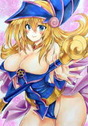 Rule 34 | 1girl, bare shoulders, blonde hair, blush stickers, breasts, cleavage, closed mouth, collar, commentary request, dark magician girl, dress, duel monster, green eyes, hat, highres, holding, large breasts, long hair, looking at viewer, pentagram, pink background, short dress, simple background, smile, solo, star (symbol), starry background, strapless, strapless dress, thighs, traditional media, twobee, wand, wizard hat, yu-gi-oh!