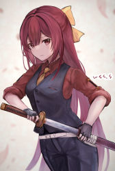 Rule 34 | 1girl, alternate costume, artist name, belt, black gloves, black pants, black vest, blouse, bow, collared shirt, commission, cowboy shot, drawing sword, fingerless gloves, gloves, gradient hair, hair between eyes, hair bow, holding, holding sheath, holding sword, holding weapon, kamikaze (kancolle), kantai collection, katana, long hair, long sleeves, looking at viewer, multicolored hair, pants, pink hair, purple eyes, purple hair, red shirt, scabbard, serious, sheath, shirt, simple background, skeb commission, sleeves rolled up, solo, standing, sword, unsheathing, very long hair, vest, weapon, white belt, wss (nicoseiga19993411), yellow bow