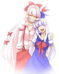 Rule 34 | 2girls, arms behind back, breasts, cleavage, dress, closed eyes, female focus, friends, fujiwara no mokou, gachako, grin, happy, hat, height difference, kamishirasawa keine, long hair, medium breasts, multiple girls, no nose, open mouth, short sleeves, silver hair, smile, suspenders, touhou